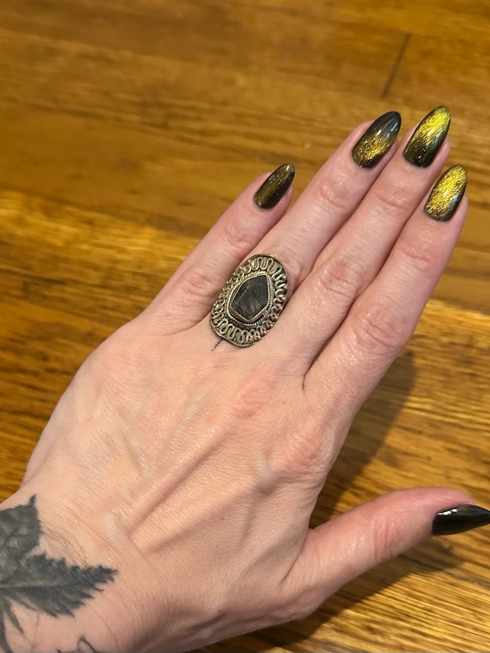 Sterling Silver Tourmalinated Quartz Shield Ring—6.5